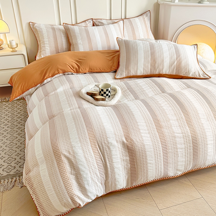 91家纺网 家纺一手货源 找家纺 木子家纺 2026新款水洗棉贝壳边四件套-皖沙 凌霄黄