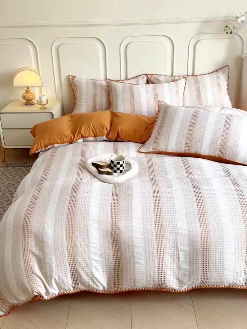 91家纺网 家纺一手货源 找家纺 木子家纺 2026新款水洗棉贝壳边四件套-皖沙 凌霄黄