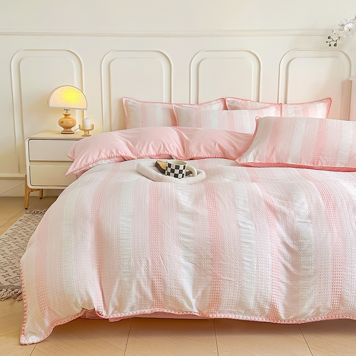 91家纺网 家纺一手货源 找家纺 木子家纺 2026新款水洗棉贝壳边四件套-皖沙 珊瑚粉