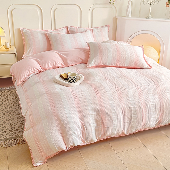 91家纺网 家纺一手货源 找家纺 木子家纺 2026新款水洗棉贝壳边四件套-皖沙 珊瑚粉