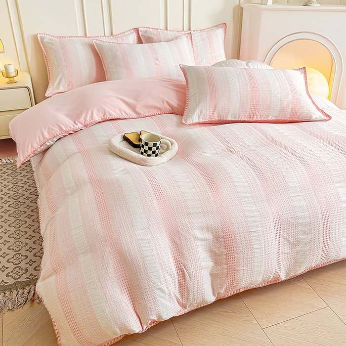 91家纺网 家纺一手货源 找家纺 木子家纺 2026新款水洗棉贝壳边四件套-皖沙 珊瑚粉