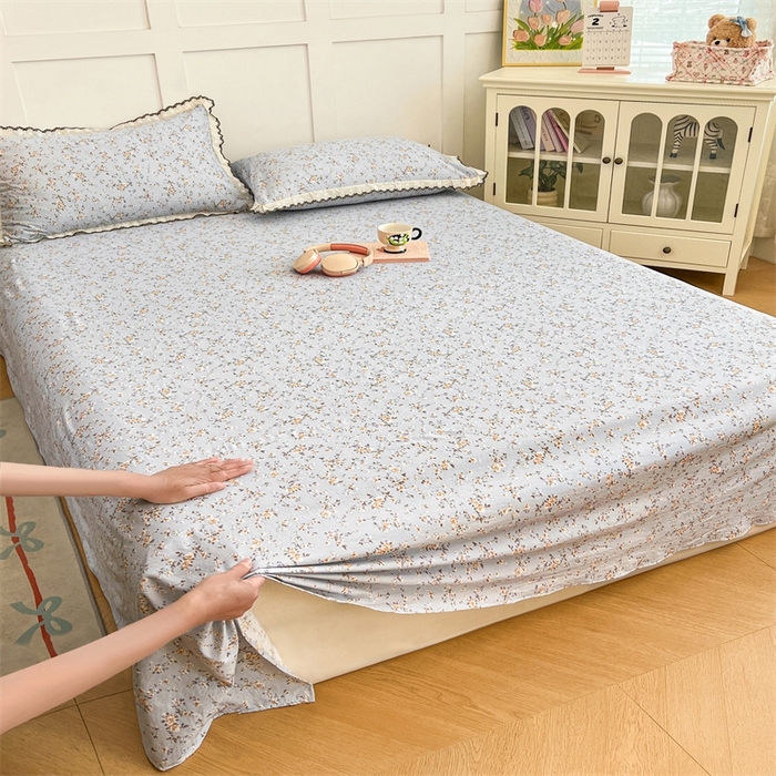 91家纺网 家纺一手货源 找家纺 圣比熊 2026新款A类云朵棉床单亲肤四季款席梦思床罩全包床单三件套 兰亭序-蓝