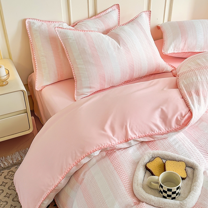 91家纺网 家纺一手货源 找家纺 木子家纺 2026新款水洗棉贝壳边四件套-皖沙 珊瑚粉