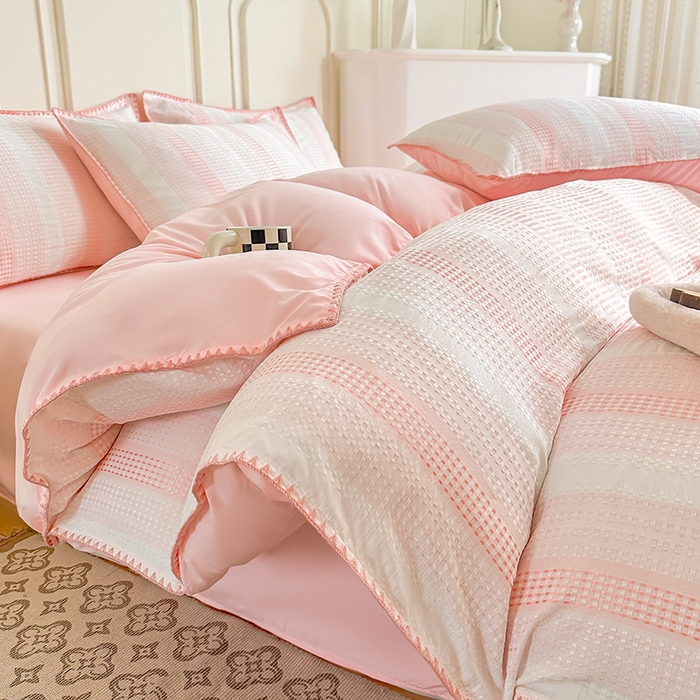 91家纺网 家纺一手货源 找家纺 木子家纺 2026新款水洗棉贝壳边四件套-皖沙 珊瑚粉
