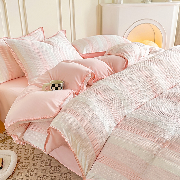 91家纺网 家纺一手货源 找家纺 木子家纺 2026新款水洗棉贝壳边四件套-皖沙 珊瑚粉