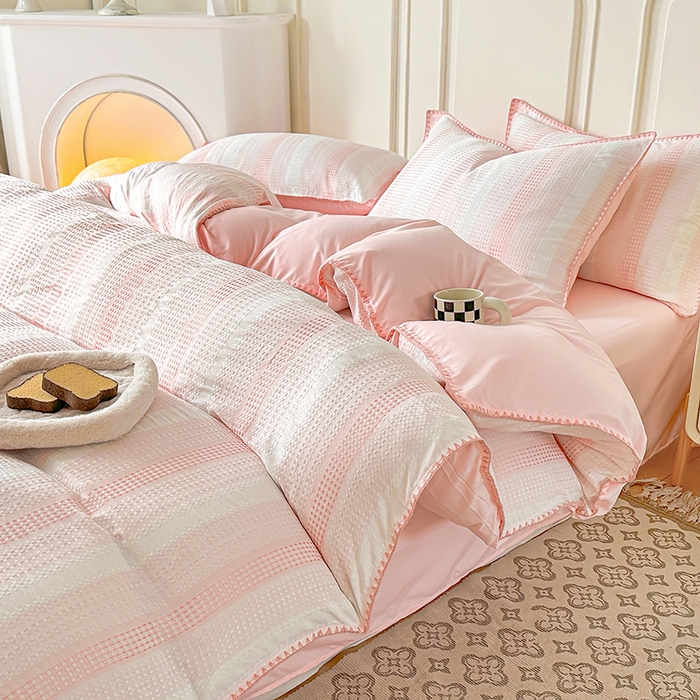 91家纺网 家纺一手货源 找家纺 木子家纺 2026新款水洗棉贝壳边四件套-皖沙 珊瑚粉