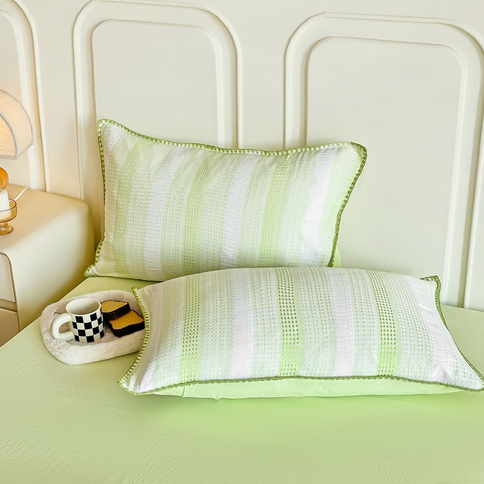 91家纺网 家纺一手货源 找家纺 木子家纺 2026新款水洗棉贝壳边四件套-皖沙 竹月绿