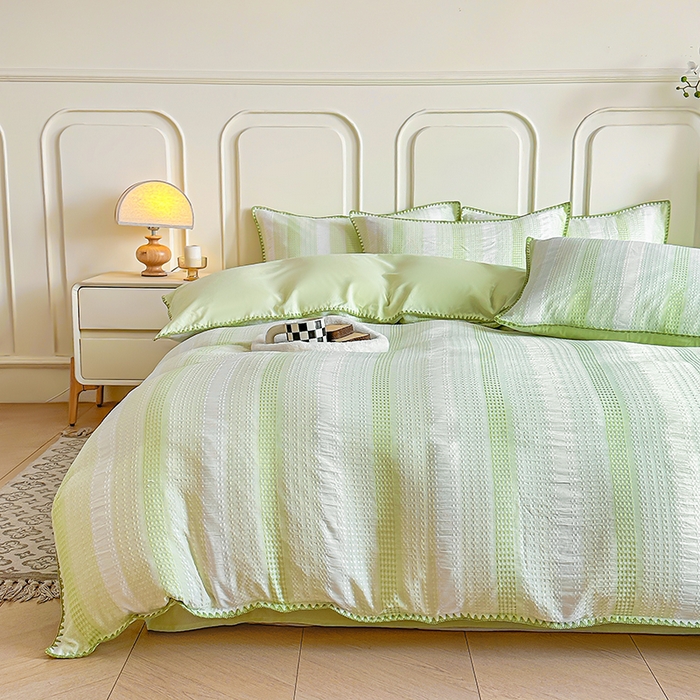 91家纺网 家纺一手货源 找家纺 木子家纺 2026新款水洗棉贝壳边四件套-皖沙 竹月绿