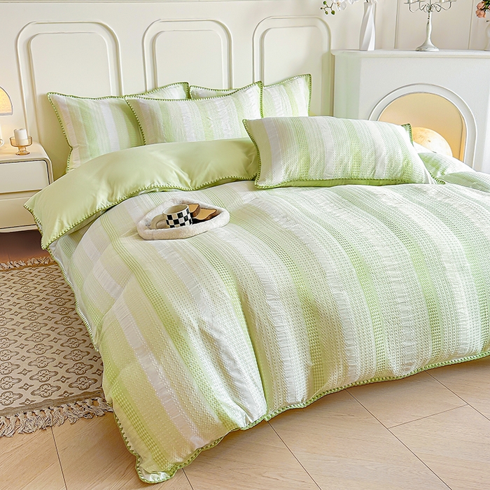 91家纺网 家纺一手货源 找家纺 木子家纺 2026新款水洗棉贝壳边四件套-皖沙 竹月绿