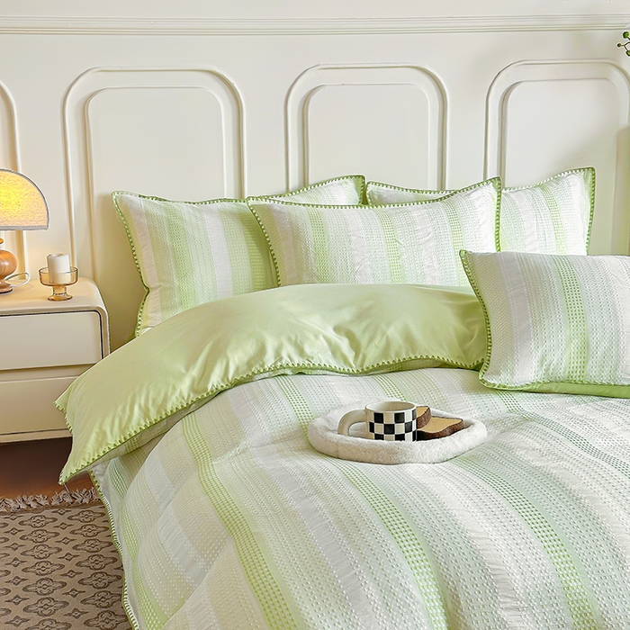 91家纺网 家纺一手货源 找家纺 木子家纺 2026新款水洗棉贝壳边四件套-皖沙 竹月绿