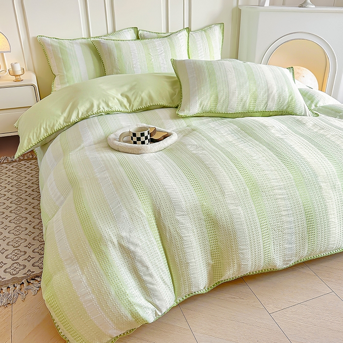 91家纺网 家纺一手货源 找家纺 木子家纺 2026新款水洗棉贝壳边四件套-皖沙 竹月绿