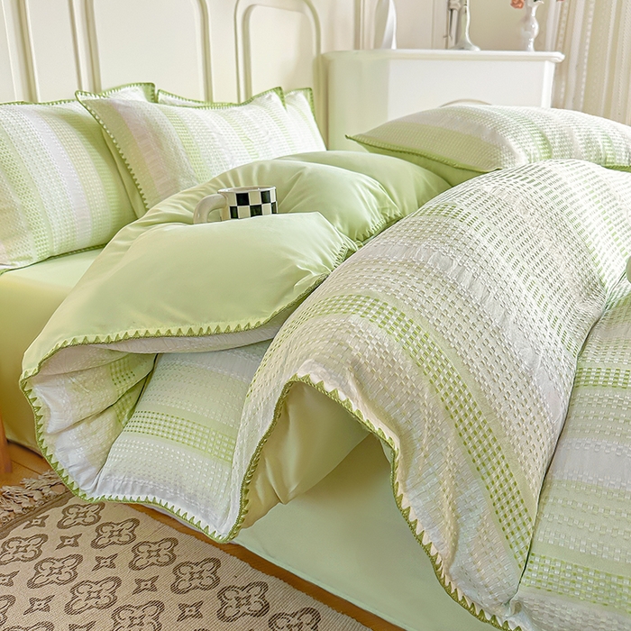 91家纺网 家纺一手货源 找家纺 木子家纺 2026新款水洗棉贝壳边四件套-皖沙 竹月绿