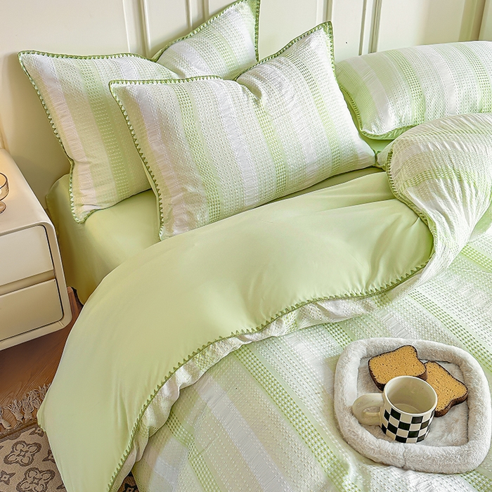 91家纺网 家纺一手货源 找家纺 木子家纺 2026新款水洗棉贝壳边四件套-皖沙 竹月绿