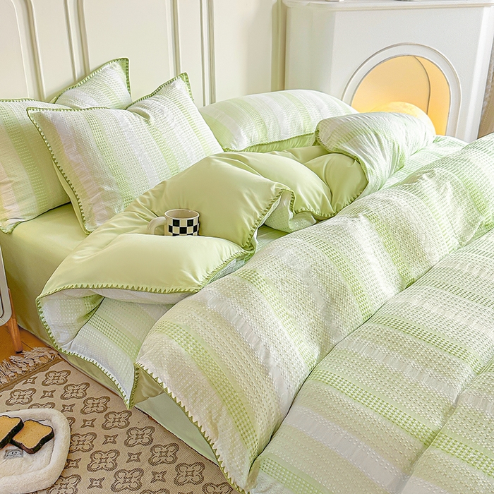 91家纺网 家纺一手货源 找家纺 木子家纺 2026新款水洗棉贝壳边四件套-皖沙 竹月绿