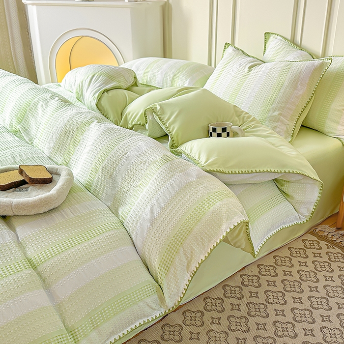 91家纺网 家纺一手货源 找家纺 木子家纺 2026新款水洗棉贝壳边四件套-皖沙 竹月绿