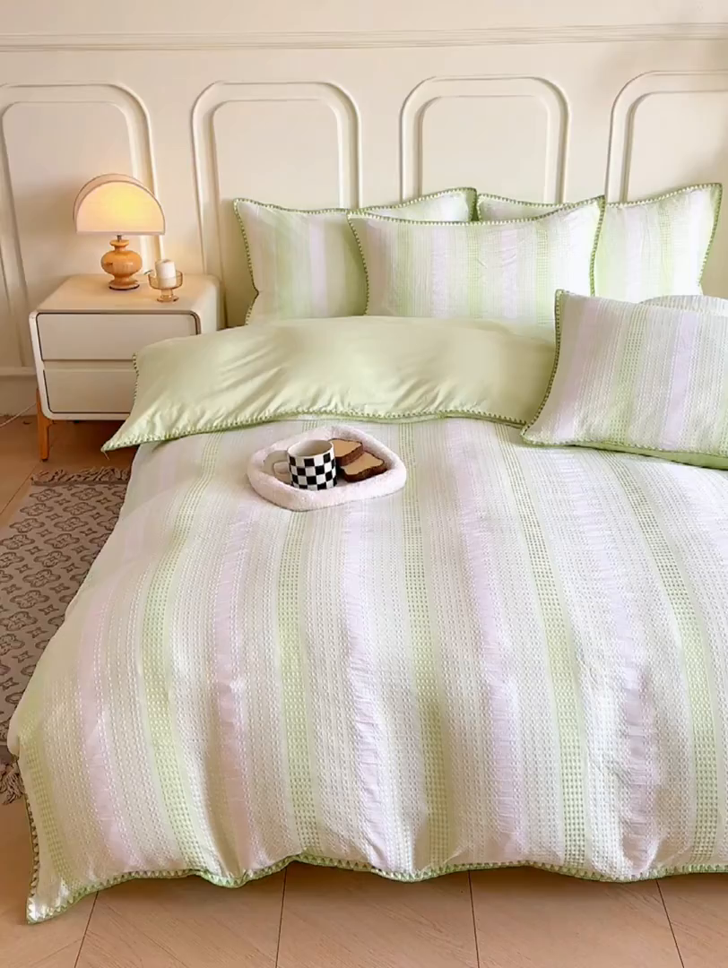 91家纺网 家纺一手货源 找家纺 木子家纺 2026新款水洗棉贝壳边四件套-皖沙 竹月绿