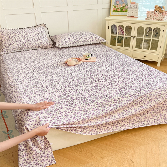 91家纺网 家纺一手货源 找家纺 圣比熊 2026新款A类云朵棉床单亲肤四季款席梦思床罩全包床单三件套 紫韵星野