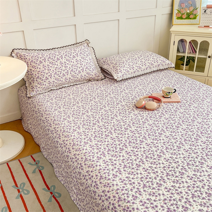91家纺网 家纺一手货源 找家纺 圣比熊 2026新款A类云朵棉床单亲肤四季款席梦思床罩全包床单三件套 紫韵星野
