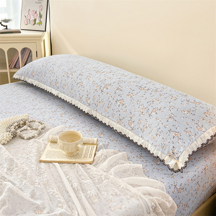 91家纺网 家纺一手货源 找家纺 圣比熊 2026新款A类云朵棉蕾丝花边枕套宿舍情侣双人加长枕芯内胆套 兰亭序-蓝（单层蕾丝花边）