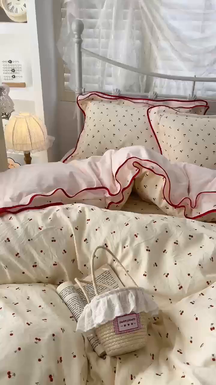 91家纺网 家纺一手货源 找家纺 （总）贝凯瑞 2026新款水洗棉仿棉木棉双层纱粉嫩可爱公主清新ins四件套-樱桃气泡水+郁金奶芙卷
