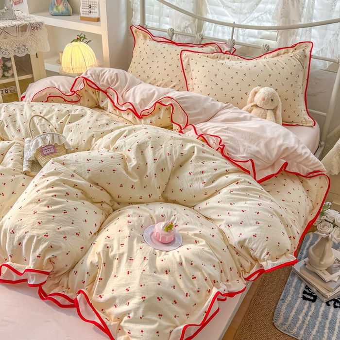 91家纺网 家纺一手货源 找家纺 （总）贝凯瑞 2026款仿棉木棉水洗棉绣花ins小清新床裙床单款四件套-星月语