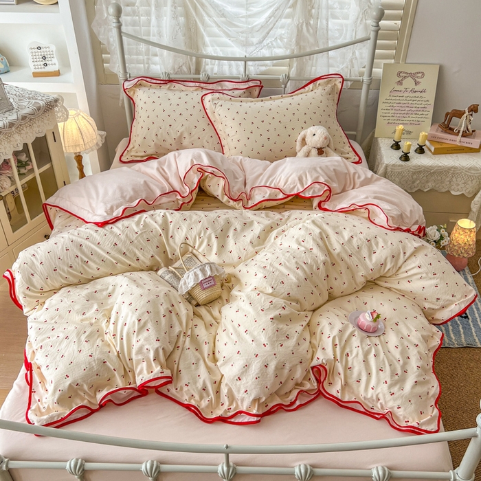 91家纺网 家纺一手货源 找家纺 （总）贝凯瑞 2026新款水洗棉仿棉木棉双层纱粉嫩可爱公主清新ins四件套-樱桃气泡水+郁金奶芙卷