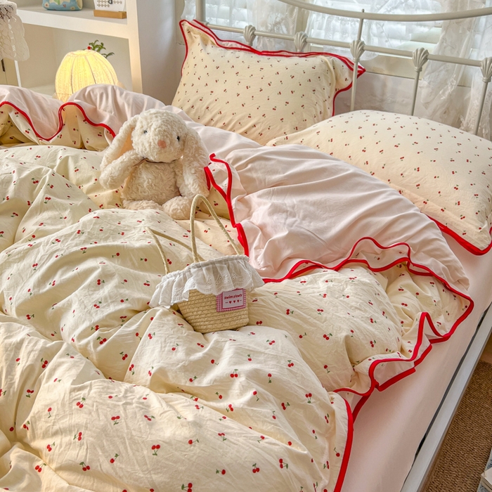 91家纺网 家纺一手货源 找家纺 （总）贝凯瑞 2026新款水洗棉仿棉木棉双层纱粉嫩可爱公主清新ins四件套-樱桃气泡水+郁金奶芙卷