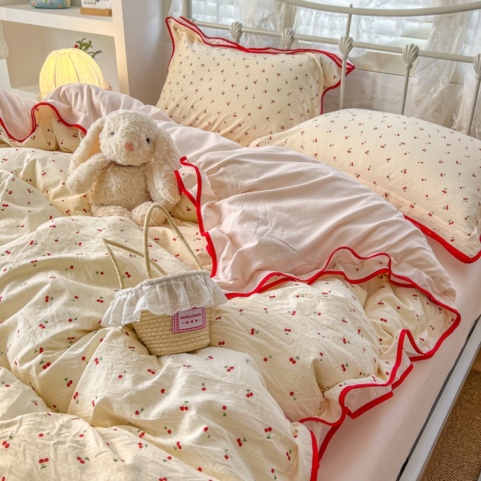 91家纺网 家纺一手货源 找家纺 （总）贝凯瑞 2026新款水洗棉仿棉木棉双层纱粉嫩可爱公主清新ins四件套-樱桃气泡水+郁金奶芙卷