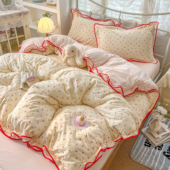 91家纺网 家纺一手货源 找家纺 （总）贝凯瑞 2026新款水洗棉仿棉木棉双层纱粉嫩可爱公主清新ins四件套-樱桃气泡水+郁金奶芙卷