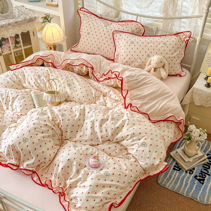 91家纺网 家纺一手货源 找家纺 （总）贝凯瑞 2026新款水洗棉仿棉木棉双层纱粉嫩可爱公主清新ins四件套-樱桃气泡水+郁金奶芙卷