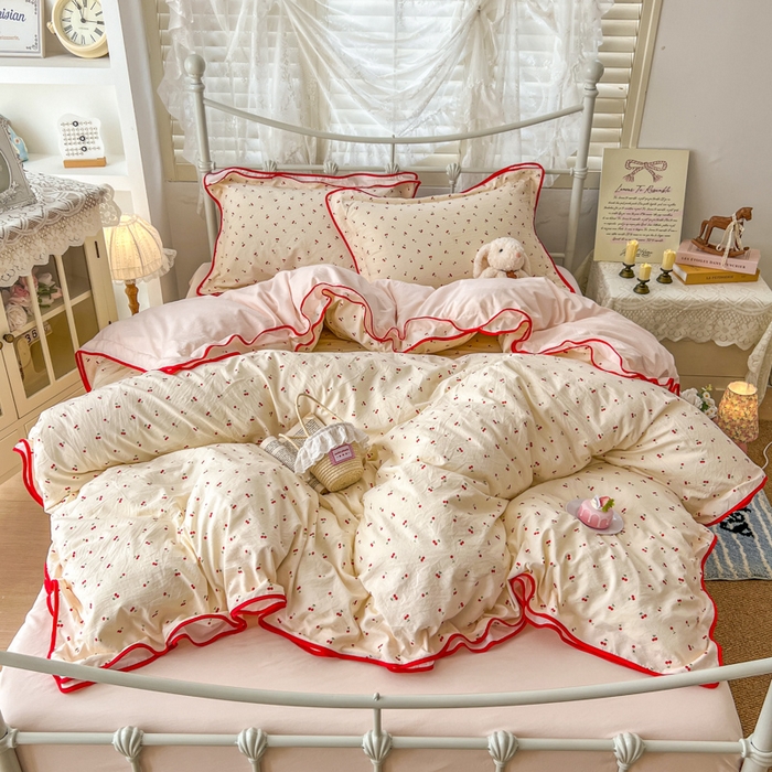 91家纺网 家纺一手货源 找家纺 贝凯瑞 2026新款水洗棉仿棉木棉双层纱粉嫩可爱公主清新ins四件套- 樱桃气泡水