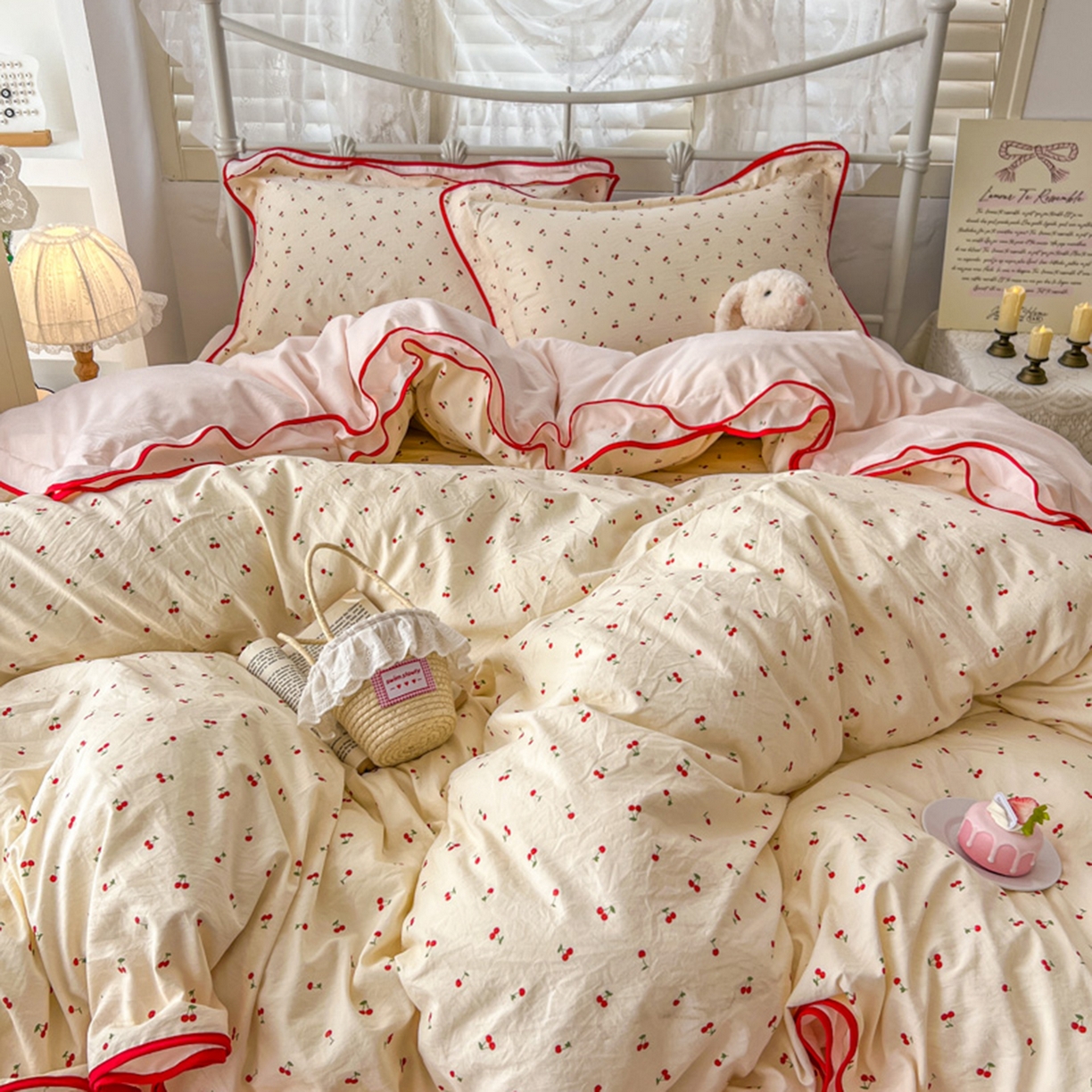91家纺网 家纺一手货源 找家纺 贝凯瑞 2026新款水洗棉仿棉木棉双层纱粉嫩可爱公主清新ins四件套- 樱桃气泡水