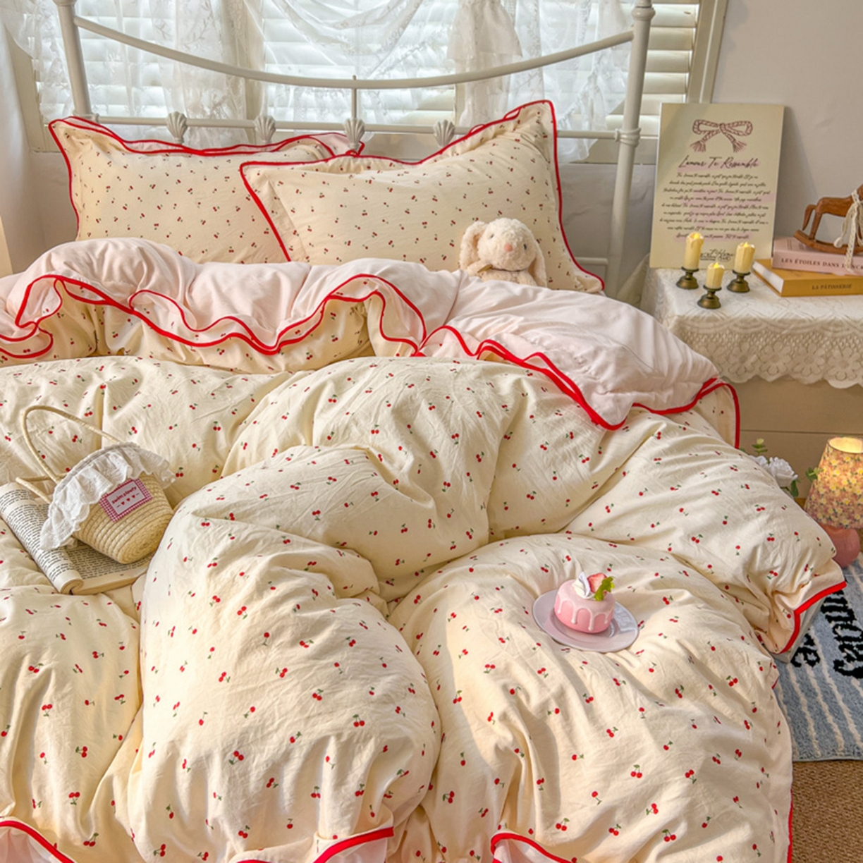 91家纺网 家纺一手货源 找家纺 贝凯瑞 2026新款水洗棉仿棉木棉双层纱粉嫩可爱公主清新ins四件套- 樱桃气泡水