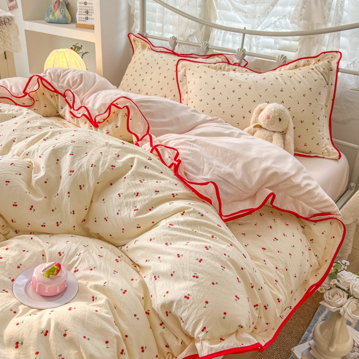 91家纺网 家纺一手货源 找家纺 贝凯瑞 2026新款水洗棉仿棉木棉双层纱粉嫩可爱公主清新ins四件套- 樱桃气泡水