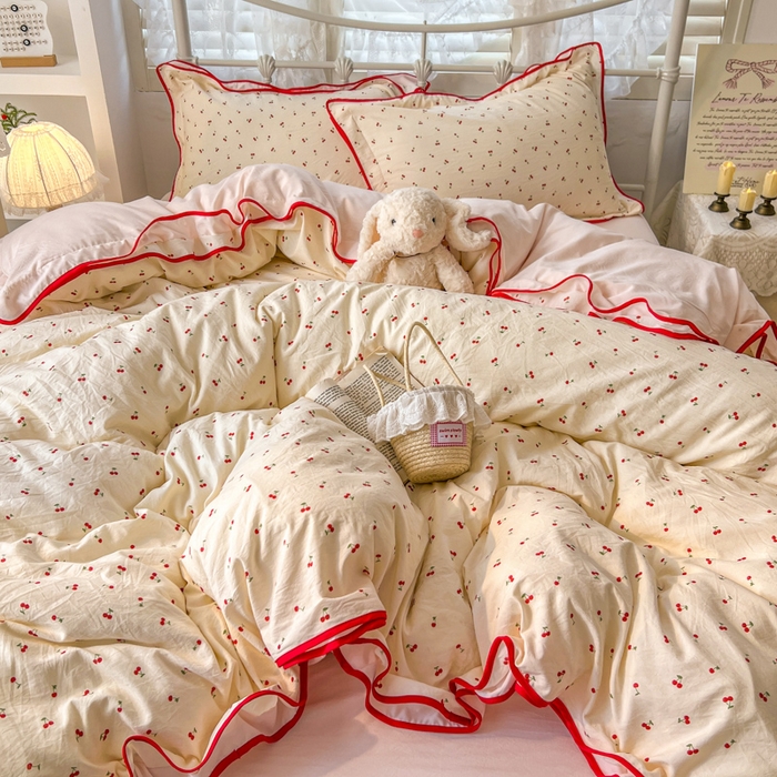 91家纺网 家纺一手货源 找家纺 贝凯瑞 2026新款水洗棉仿棉木棉双层纱粉嫩可爱公主清新ins四件套- 樱桃气泡水