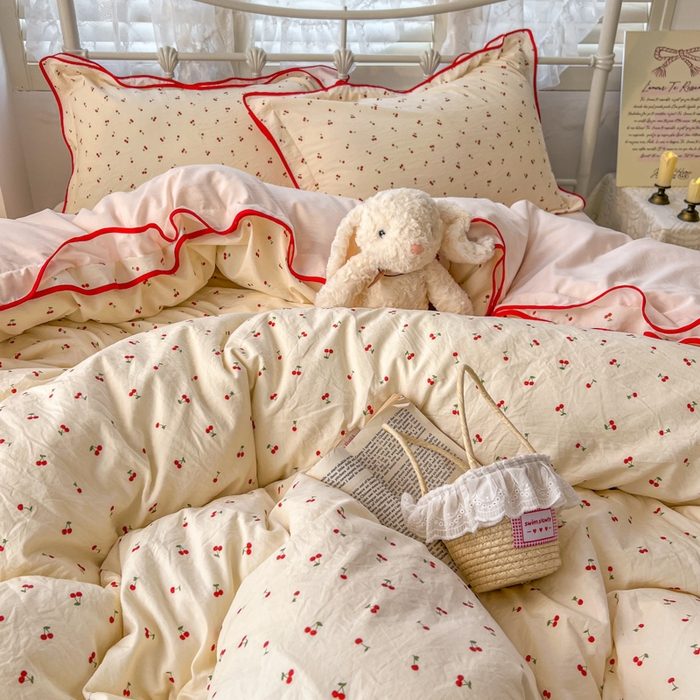 91家纺网 家纺一手货源 找家纺 贝凯瑞 2026新款水洗棉仿棉木棉双层纱粉嫩可爱公主清新ins四件套- 樱桃气泡水