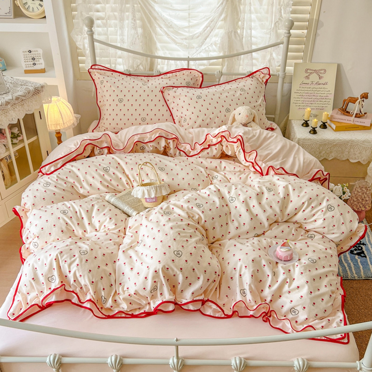 91家纺网 家纺一手货源 找家纺 贝凯瑞 2026新款水洗棉仿棉木棉双层纱粉嫩可爱公主清新ins四件套- 郁金奶芙卷