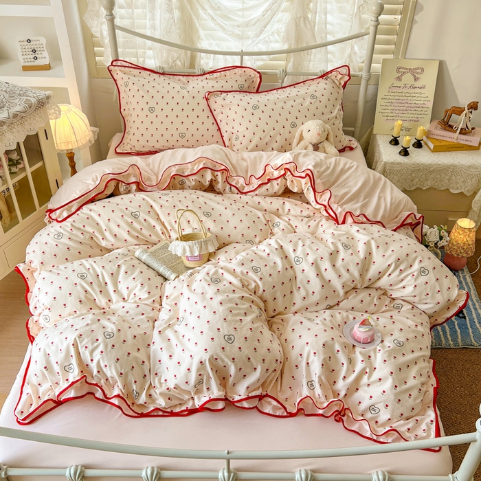 91家纺网 家纺一手货源 找家纺 贝凯瑞 2026新款水洗棉仿棉木棉双层纱粉嫩可爱公主清新ins四件套- 郁金奶芙卷