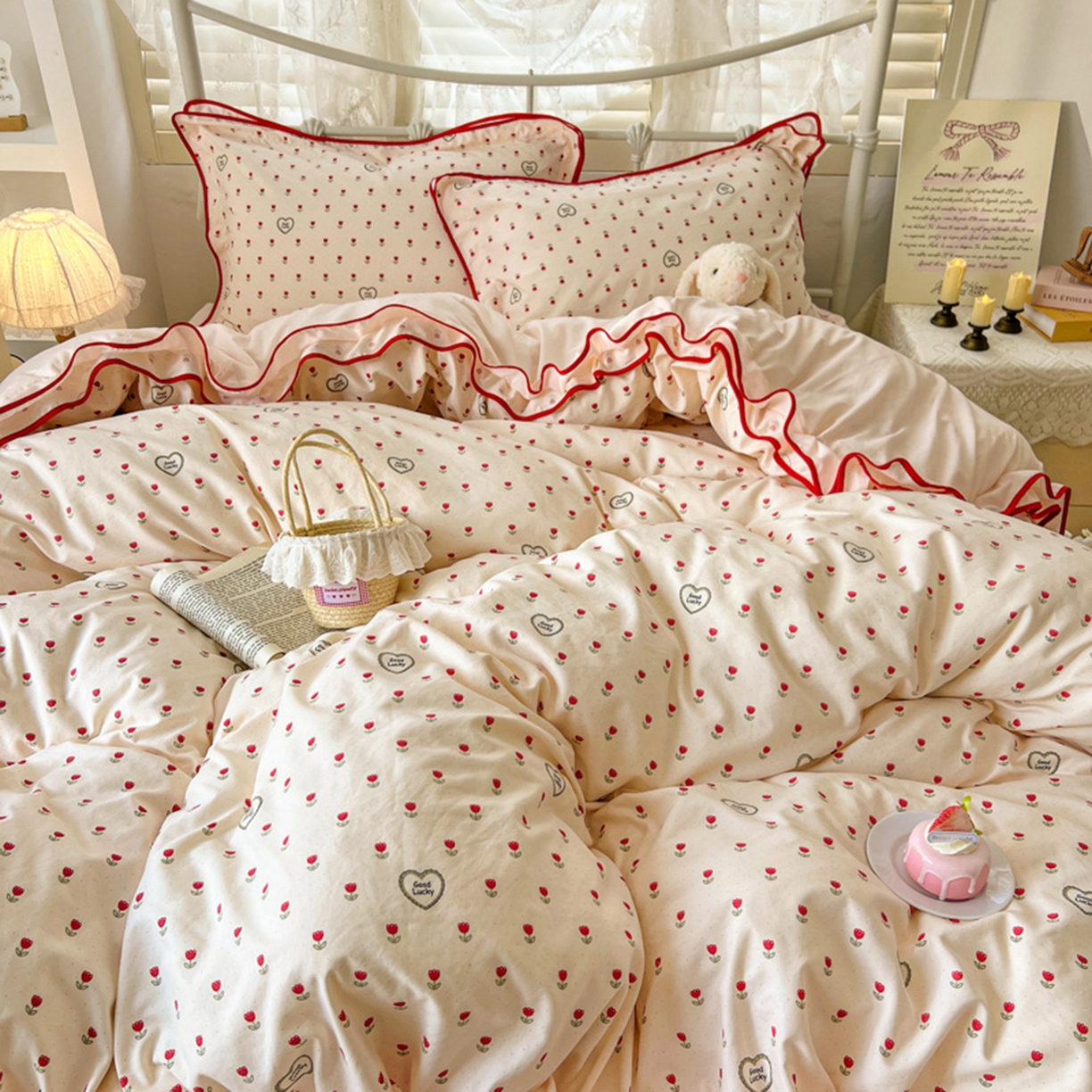 91家纺网 家纺一手货源 找家纺 贝凯瑞 2026新款水洗棉仿棉木棉双层纱粉嫩可爱公主清新ins四件套- 郁金奶芙卷