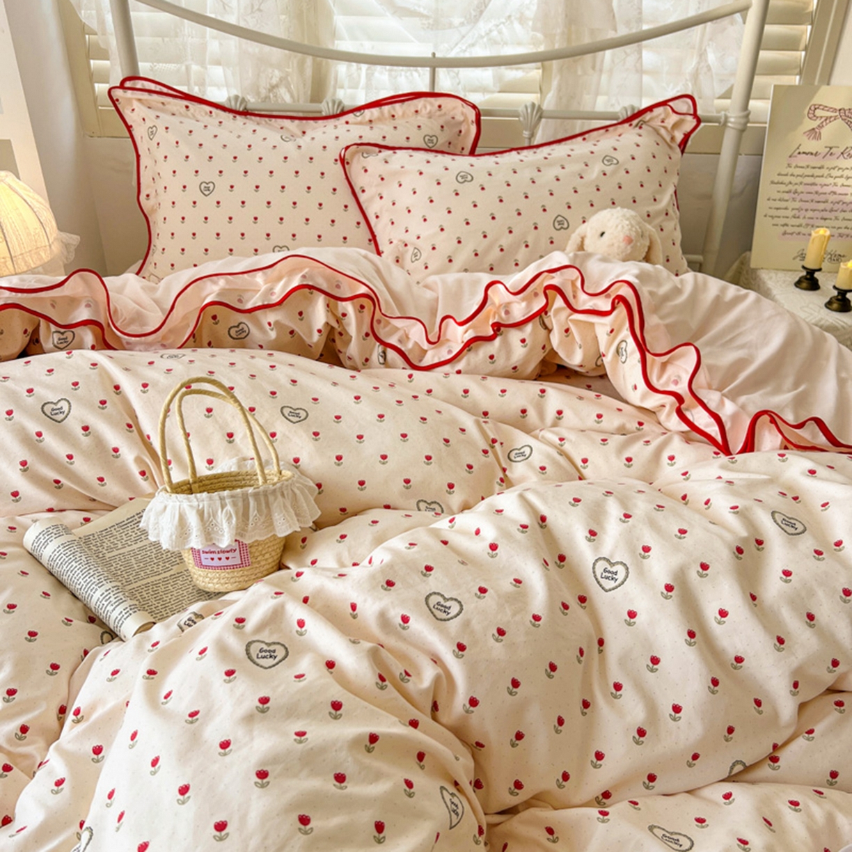 91家纺网 家纺一手货源 找家纺 贝凯瑞 2026新款水洗棉仿棉木棉双层纱粉嫩可爱公主清新ins四件套- 郁金奶芙卷