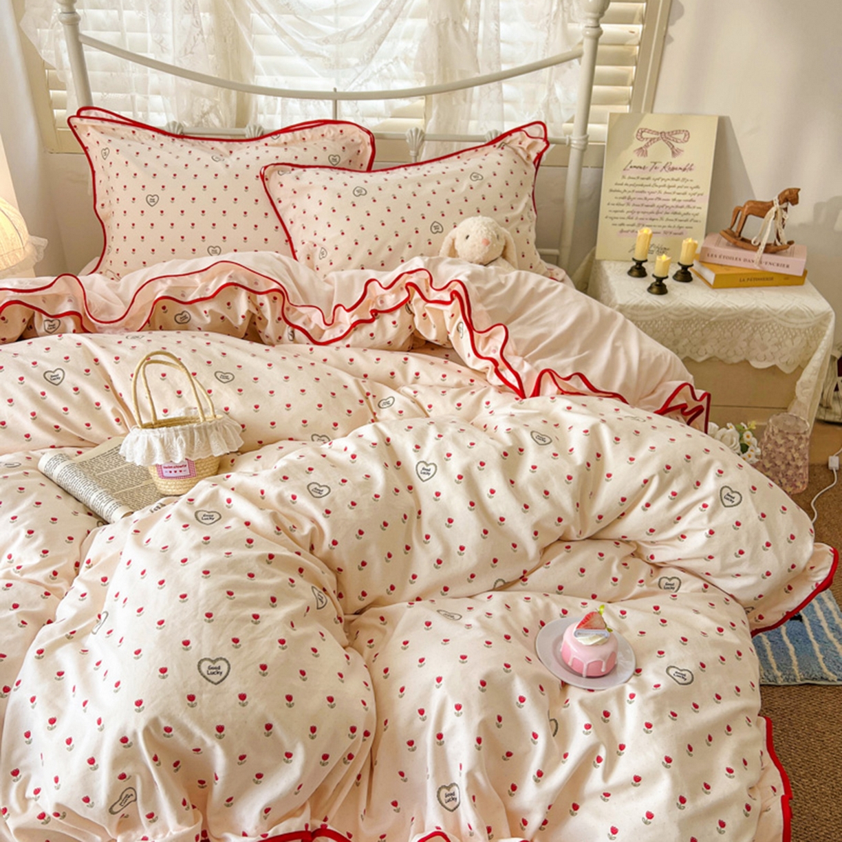 91家纺网 家纺一手货源 找家纺 贝凯瑞 2026新款水洗棉仿棉木棉双层纱粉嫩可爱公主清新ins四件套- 郁金奶芙卷