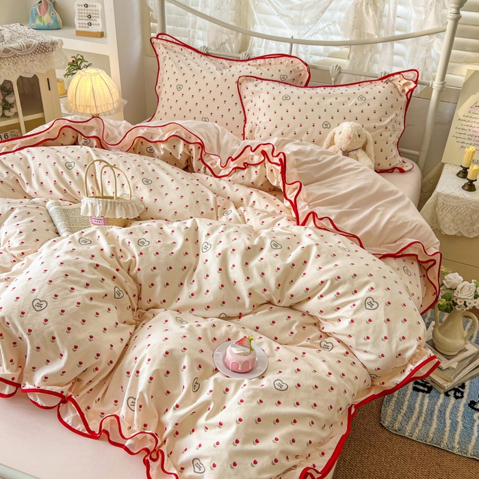 91家纺网 家纺一手货源 找家纺 贝凯瑞 2026新款水洗棉仿棉木棉双层纱粉嫩可爱公主清新ins四件套- 郁金奶芙卷