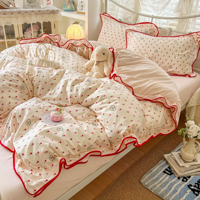 91家纺网 家纺一手货源 找家纺 贝凯瑞 2026新款水洗棉仿棉木棉双层纱粉嫩可爱公主清新ins四件套- 郁金奶芙卷