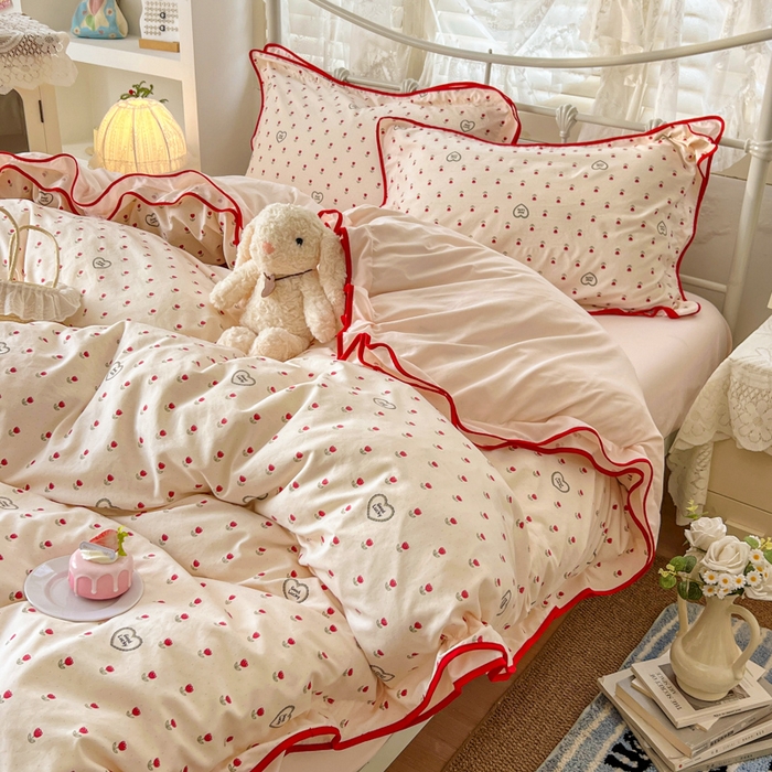 91家纺网 家纺一手货源 找家纺 贝凯瑞 2026新款水洗棉仿棉木棉双层纱粉嫩可爱公主清新ins四件套- 郁金奶芙卷