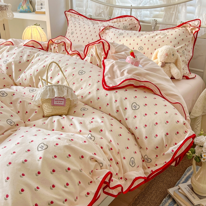 91家纺网 家纺一手货源 找家纺 贝凯瑞 2026新款水洗棉仿棉木棉双层纱粉嫩可爱公主清新ins四件套- 郁金奶芙卷