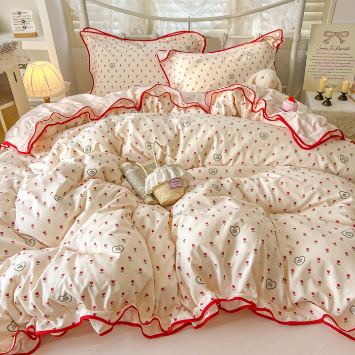 91家纺网 家纺一手货源 找家纺 贝凯瑞 2026新款水洗棉仿棉木棉双层纱粉嫩可爱公主清新ins四件套- 郁金奶芙卷