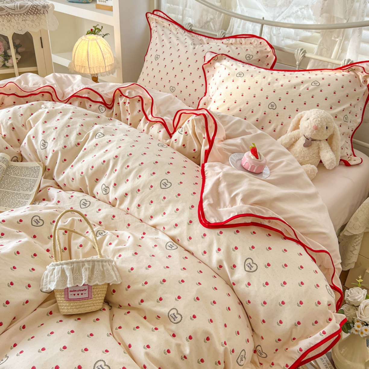 91家纺网 家纺一手货源 找家纺 贝凯瑞 2026新款水洗棉仿棉木棉双层纱粉嫩可爱公主清新ins四件套- 郁金奶芙卷