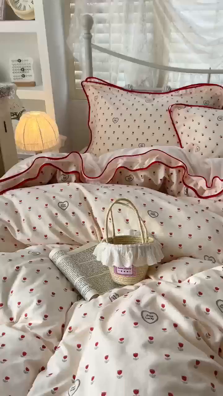 91家纺网 家纺一手货源 找家纺 贝凯瑞 2026新款水洗棉仿棉木棉双层纱粉嫩可爱公主清新ins四件套- 郁金奶芙卷