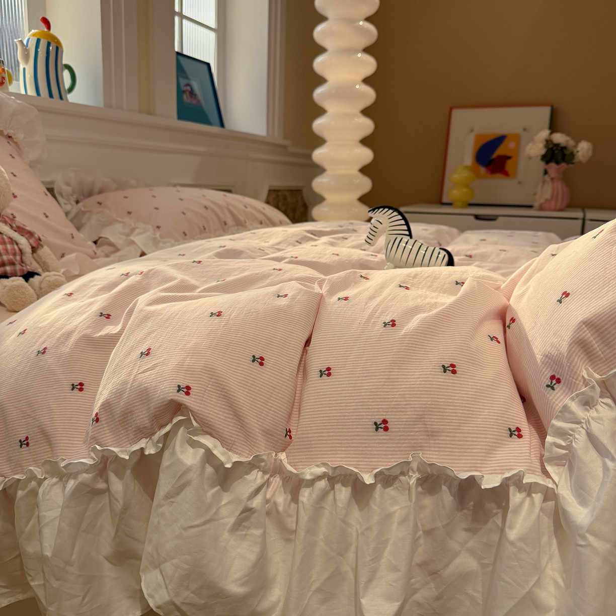 91家纺网 家纺一手货源 找家纺 （总）觅糖家纺 2026新款全棉水洗棉色织提花四件套-樱桃甜梦（会员-5）