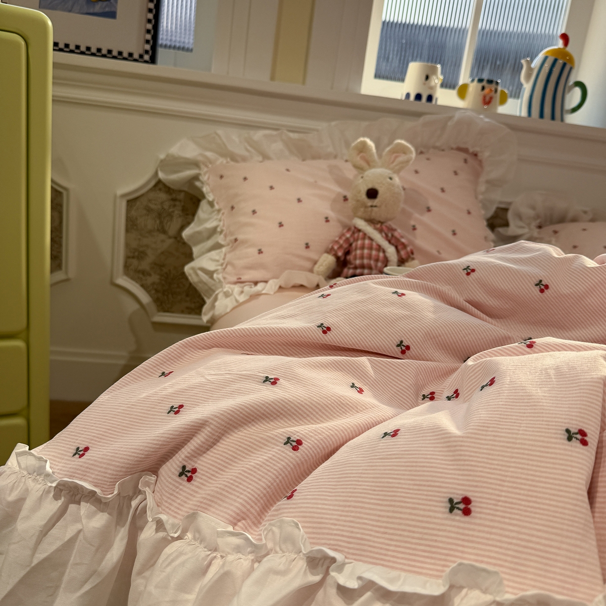 91家纺网 家纺一手货源 找家纺 （总）觅糖家纺 2026新款全棉水洗棉色织提花四件套-樱桃甜梦（会员-5）